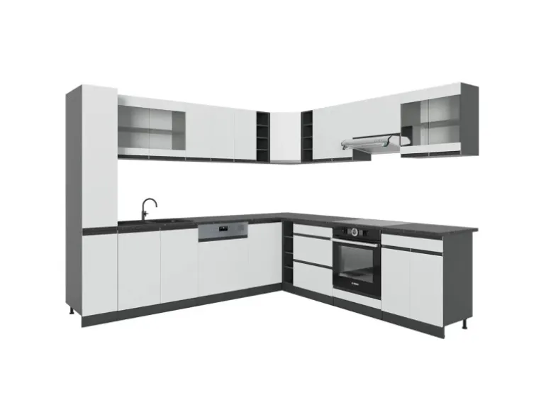 Vicco R-Line Eckküche Weiß 257 x 60 cm J-Shapeohne Arbeitsplatte ohne E-Geräte