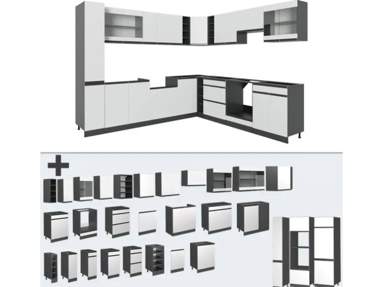 Vicco R-Line Eckküche Weiß 257 x 60 cm J-Shapeohne Arbeitsplatte ohne E-Geräte