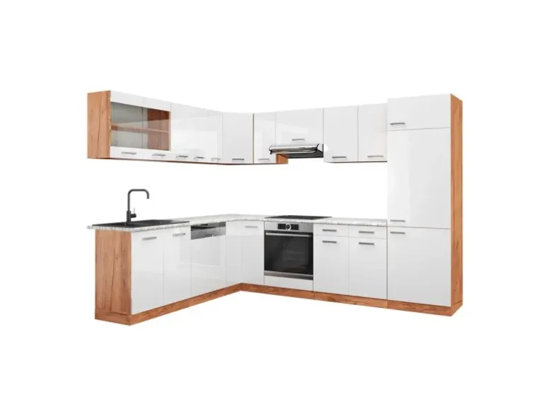 Vicco R-Line Eckküche Weiß Hochglanz/Goldkraft Eiche 227 x 287 cm AP Marmor ohne E-Geräte