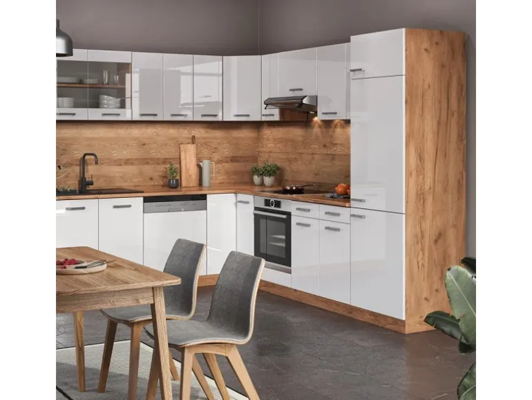 Vicco R-Line Eckküche Weiß Hochglanz/Goldkraft Eiche 227 x 287 cm AP Marmor ohne E-Geräte