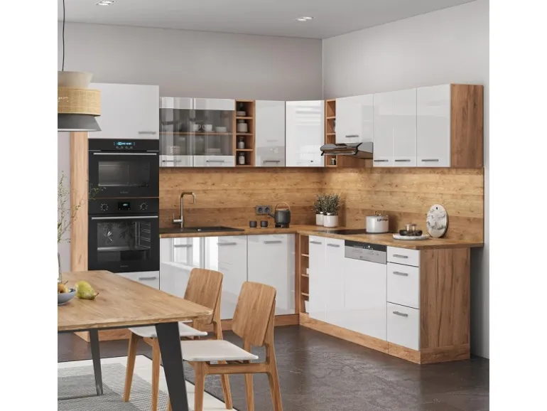 Vicco R-Line Eckküche Weiß Hochglanz/Goldkraft Eiche 237 x 247 cm AP Anthrazit ohne E-Geräte