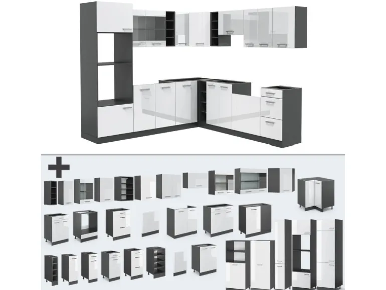 Vicco R-Line Eckküche Weiß Hochglanz/Anthrazit 237 x 60 cm ohne Arbeitsplatte ohne E-Geräte