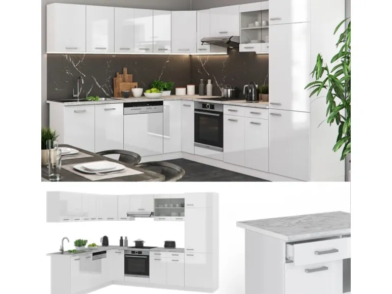 Vicco R-Line Eckküche Weiß Hochglanz/Weiß 227 x 287 cm AP Marmor ohne E-Geräte