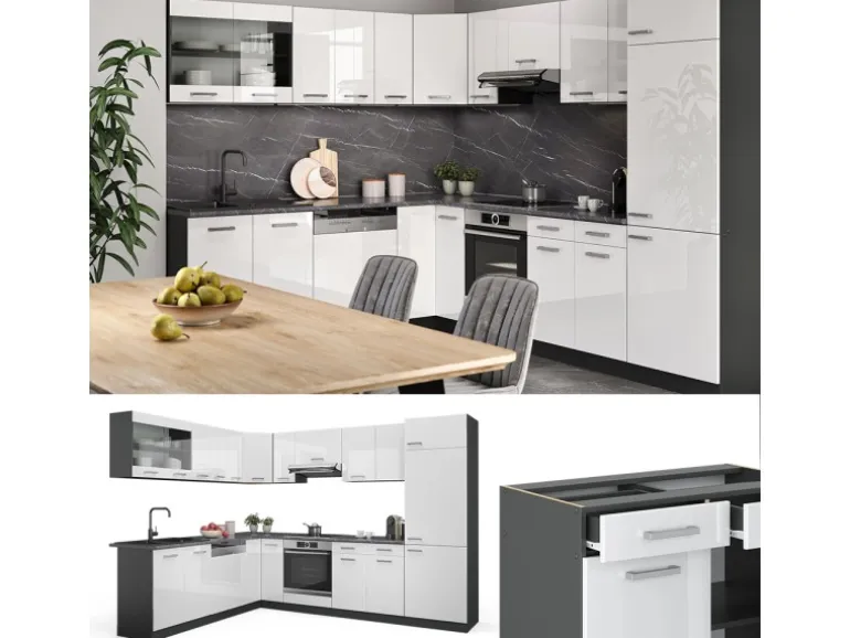 Vicco R-Line Eckküche Weiß Hochglanz/Anthrazit 227 x 287 cm AP Marmor ohne E-Geräte