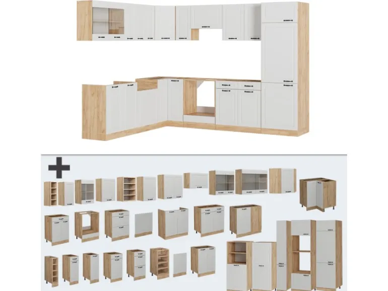 Vicco R-Line Eckküche Weiß Landhaus/Goldkraft Eiche 227 x 287 cm AP Marmor ohne E-Geräte