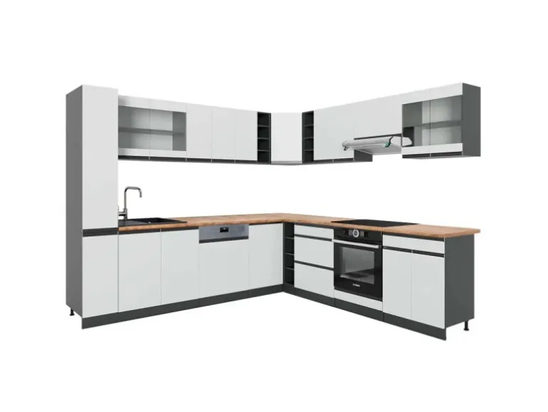 Vicco R-Line Eckküche Weiß/Anthrazit 257 x 277 cm J-ShapeAP Eiche ohne E-Geräte
