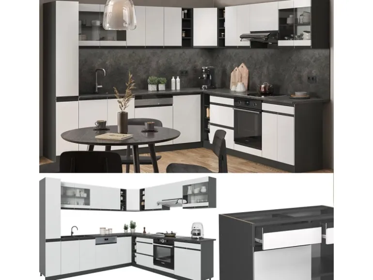 Vicco R-Line Eckküche Weiß/Anthrazit 257 x 277 cm J-ShapeAP Eiche ohne E-Geräte