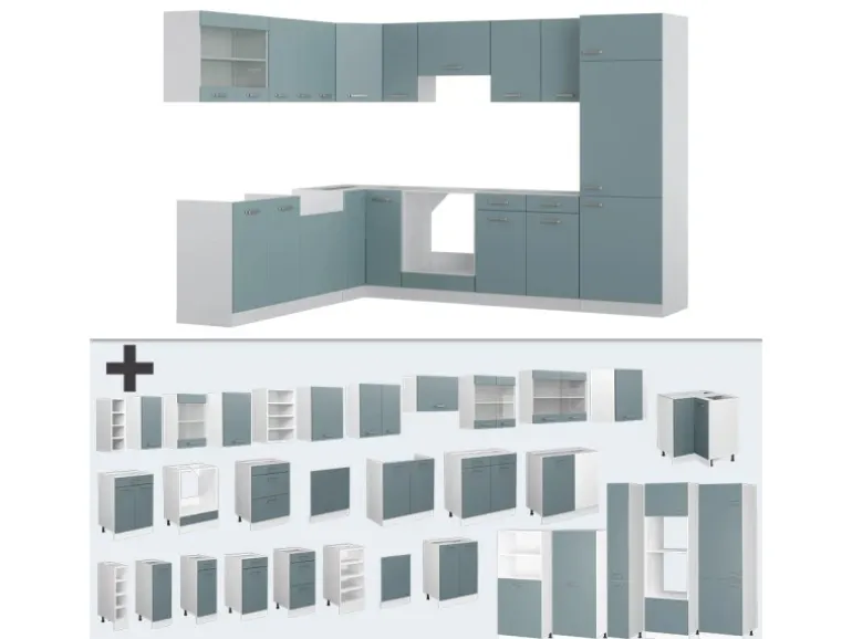 Vicco R-Line Einbauküche Blau-Grau 227 x 287 cm ohne Arbeitsplatte ohne E-Geräte