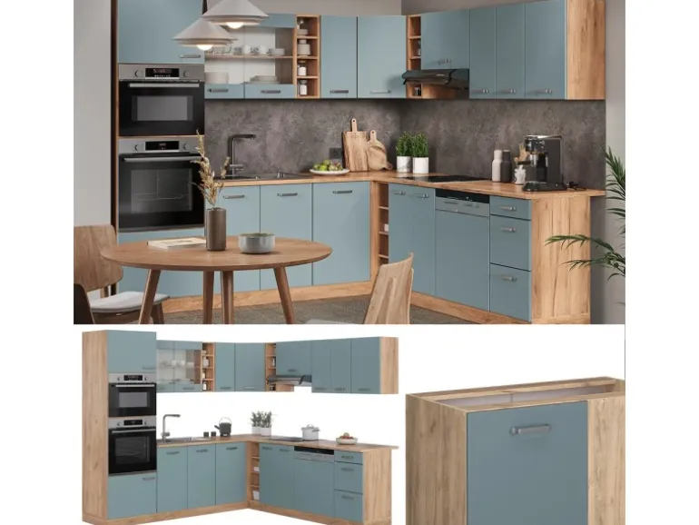 Vicco R-Line Einbauküche Blau-Grau/Goldkraft Eiche 237 x 60 cm ohne Arbeitsplatte ohne E-Geräte