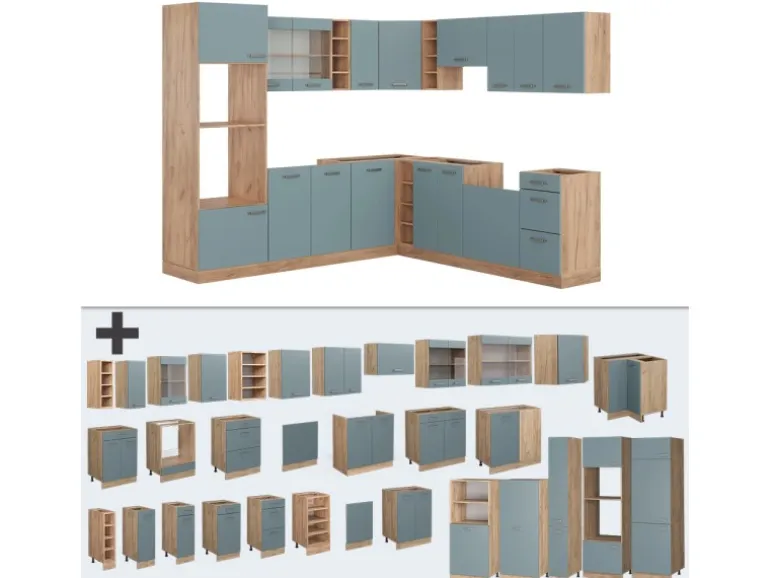 Vicco R-Line Einbauküche Blau-Grau/Goldkraft Eiche 237 x 60 cm ohne Arbeitsplatte ohne E-Geräte