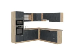 Vicco R-Line Einbauküche in L-Form Schwarz Beton/Goldkraft Eiche 237 x 247 cm AP Eiche ohne E-Geräte