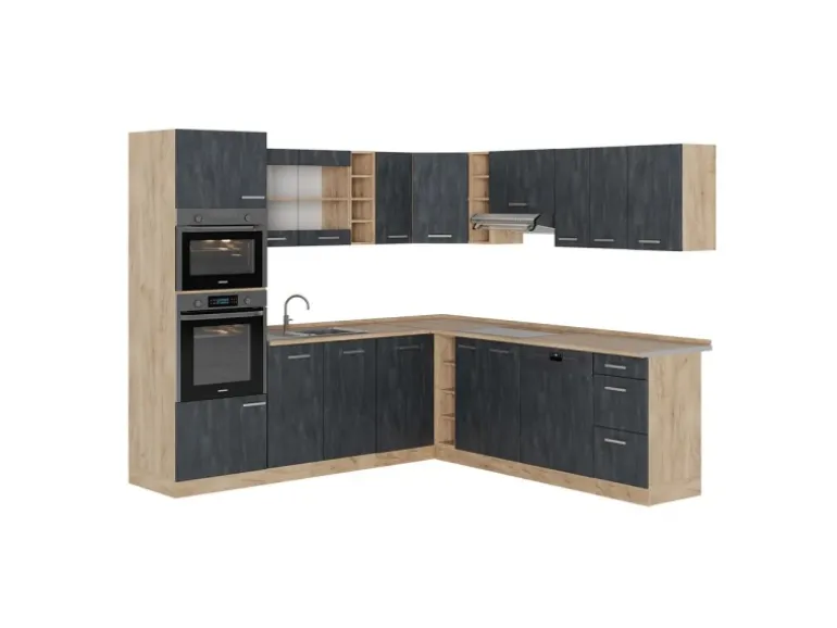 Vicco R-Line Einbauküche in L-Form Schwarz Beton/Goldkraft Eiche 237 x 247 cm AP Eiche ohne E-Geräte