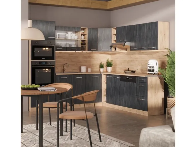 Vicco R-Line Einbauküche in L-Form Schwarz Beton/Goldkraft Eiche 237 x 247 cm AP Eiche ohne E-Geräte