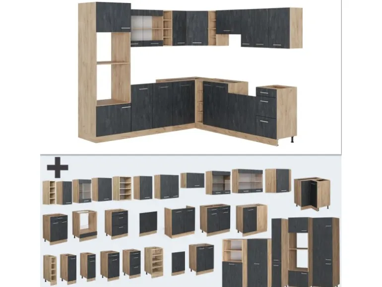Vicco R-Line Einbauküche in L-Form Schwarz Beton/Goldkraft Eiche 237 x 247 cm AP Eiche ohne E-Geräte