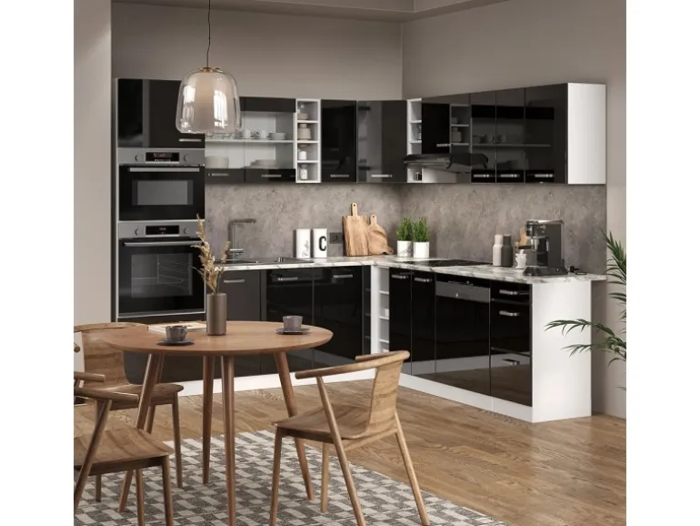 Vicco R-Line Einbauküche in L-Form Schwarz Hochglanz/Weiß 237 x 247 cm AP Anthrazit ohne E-Geräte