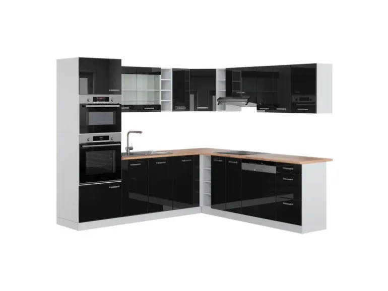 Vicco R-Line Einbauküche in L-Form Schwarz Hochglanz/Weiß 237 x 247 cm AP Eiche ohne E-Geräte