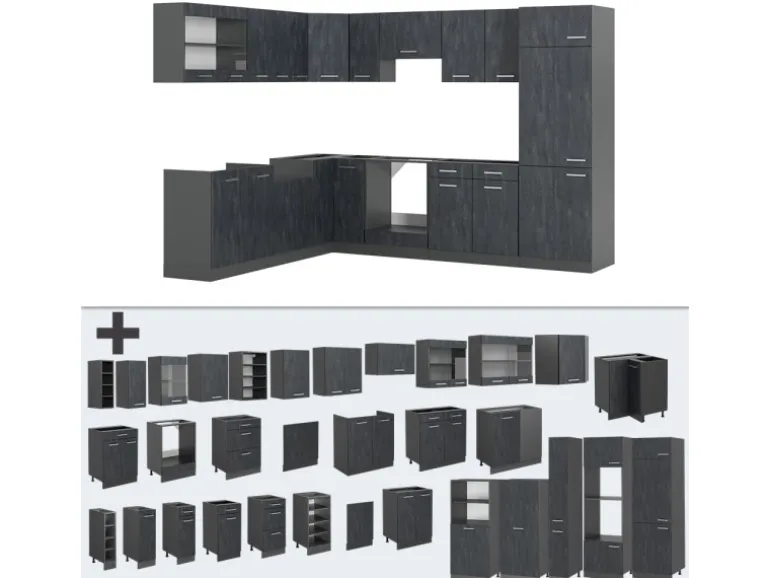 Vicco R-Line Einbauküche in L-Form Schwarz Beton/Anthrazit 227 x 287 cm AP Anthrazit ohne E-Geräte