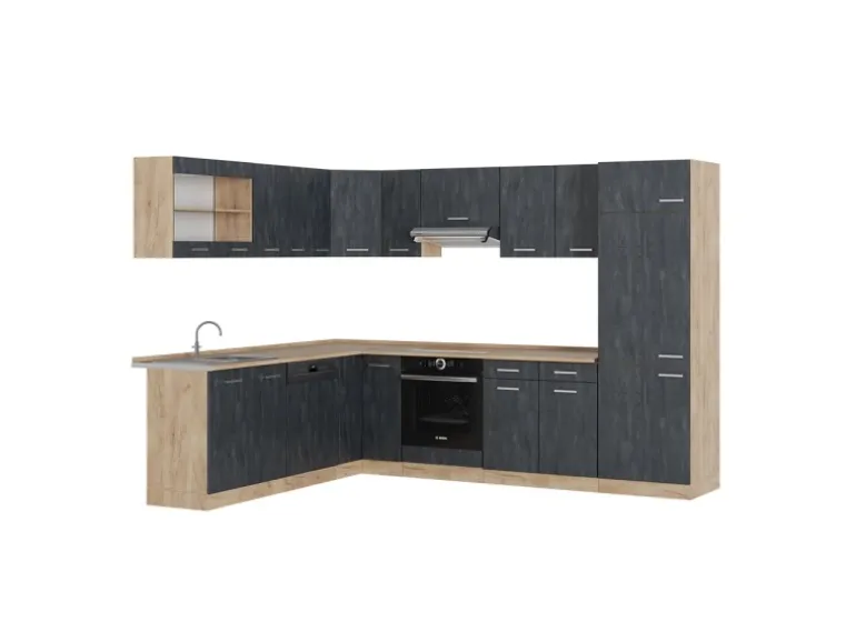 Vicco R-Line Einbauküche in L-Form Schwarz Beton/Goldkraft Eiche 227 x 287 cm AP Eiche ohne E-Geräte