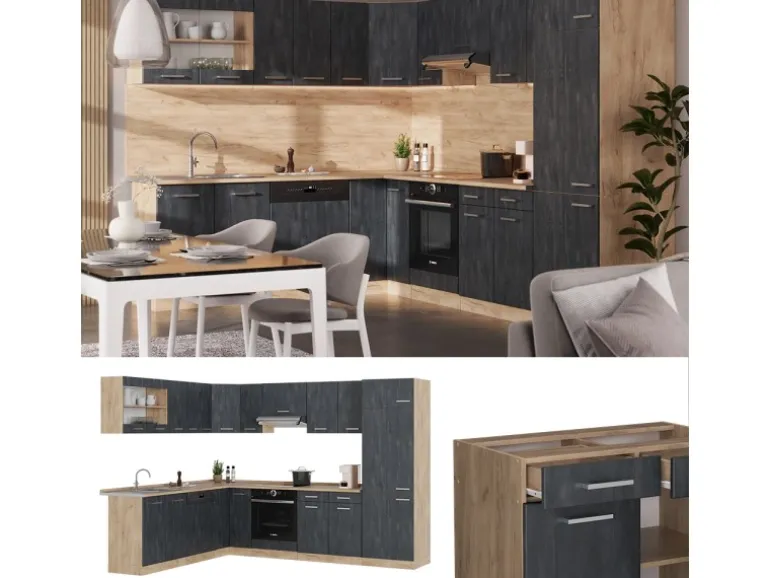 Vicco R-Line Einbauküche in L-Form Schwarz Beton/Goldkraft Eiche 227 x 287 cm AP Eiche ohne E-Geräte