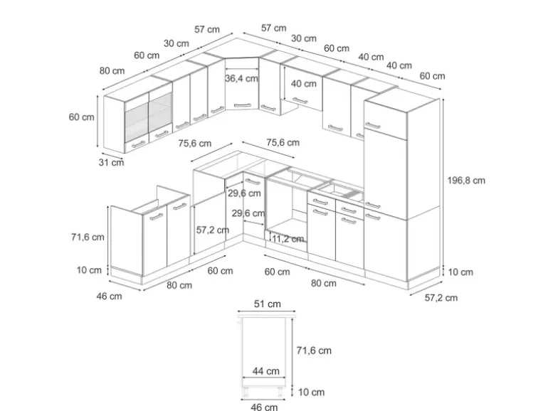 Vicco R-Line Einbauküche in L-Form Schwarz Beton/Goldkraft Eiche 227 x 287 cm AP Eiche ohne E-Geräte