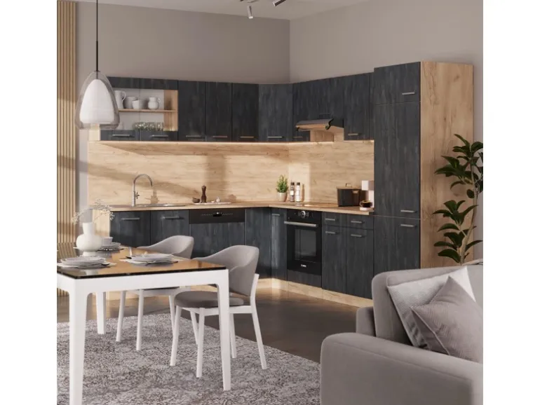 Vicco R-Line Einbauküche in L-Form Schwarz Beton/Goldkraft Eiche 227 x 287 cm AP Eiche ohne E-Geräte