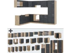Vicco R-Line Einbauküche in L-Form Schwarz Beton/Goldkraft Eiche 227 x 287 cm AP Eiche ohne E-Geräte