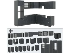 Vicco R-Line Einbauküche in L-Form Schwarz Beton/Anthrazit 237 x 247 cm AP Marmor ohne E-Geräte