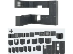 Vicco R-Line Einbauküche in L-Form Schwarz Beton/Anthrazit 227 x 287 cm AP Marmor ohne E-Geräte