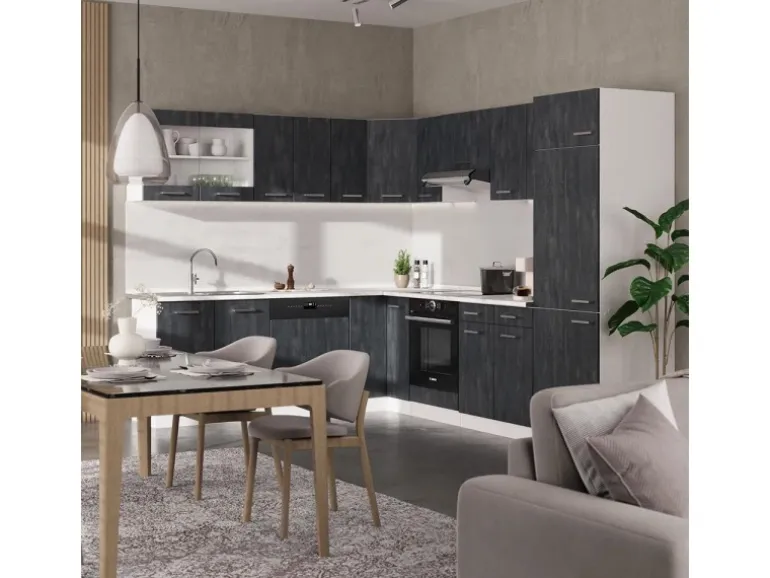 Vicco R-Line Einbauküche in L-Form Schwarz Beton/Weiß 227 x 287 cm ohne Arbeitsplatte ohne E-Geräte