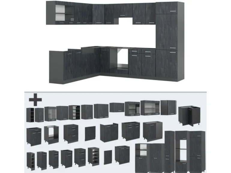Vicco R-Line Einbauküche in L-Form Schwarz Beton/Anthrazit 227 x 287 cm ohne Arbeitsplatte ohne E-Geräte
