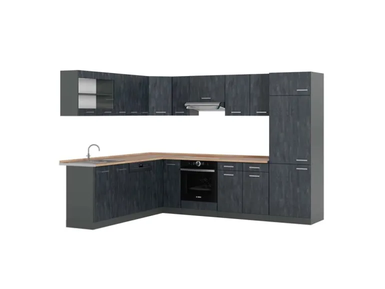 Vicco R-Line Einbauküche in L-Form Schwarz Beton/Anthrazit 227 x 287 cm AP Eiche ohne E-Geräte