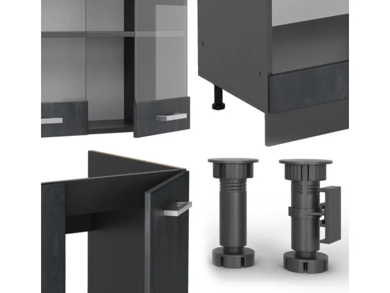 Vicco R-Line Einbauküche in L-Form Schwarz Beton/Anthrazit 227 x 287 cm AP Eiche ohne E-Geräte