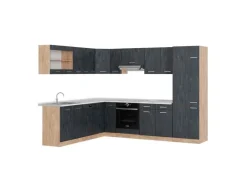 Vicco R-Line Einbauküche in L-Form Schwarz Beton/Goldkraft Eiche 227 x 287 cm AP Marmor ohne E-Geräte