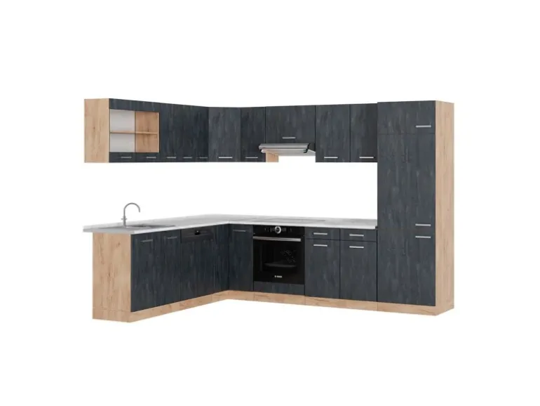 Vicco R-Line Einbauküche in L-Form Schwarz Beton/Goldkraft Eiche 227 x 287 cm AP Marmor ohne E-Geräte