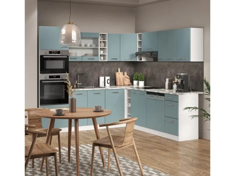 Vicco R-Line Einbauküche in L-Form Blau-Grau/Weiß 237 x 247 cm AP Eiche ohne E-Geräte