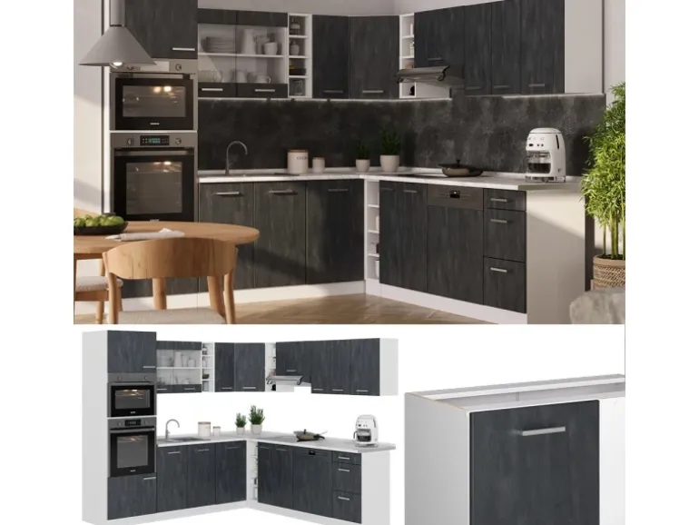 Vicco R-Line Einbauküche in L-Form Schwarz Beton/Weiß 237 x 247 cm AP Marmor ohne E-Geräte