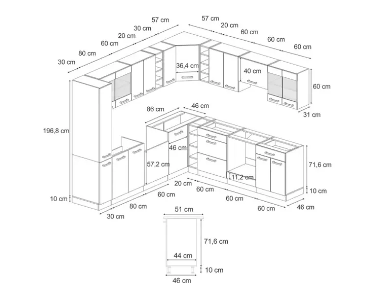 Vicco R-Line Einbauküche in L-Form Schwarz Beton/Weiß 237 x 247 cm AP Marmor ohne E-Geräte