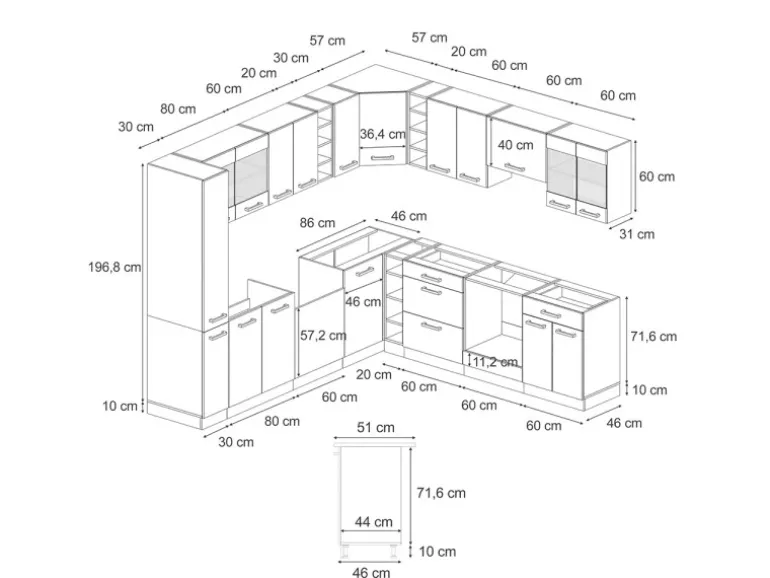 Vicco R-Line Einbauküche in L-Form Schwarz Beton/Weiß 237 x 247 cm AP Eiche ohne E-Geräte