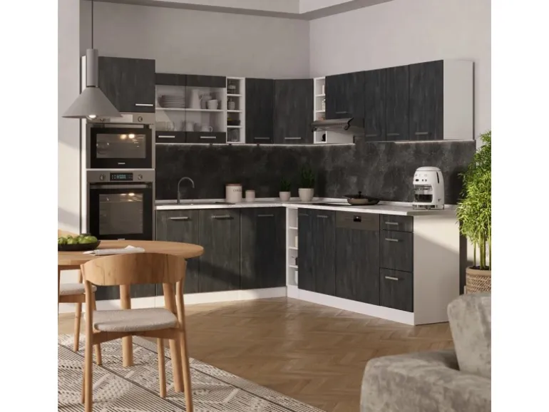 Vicco R-Line Einbauküche in L-Form Schwarz Beton/Weiß 237 x 247 cm AP Eiche ohne E-Geräte
