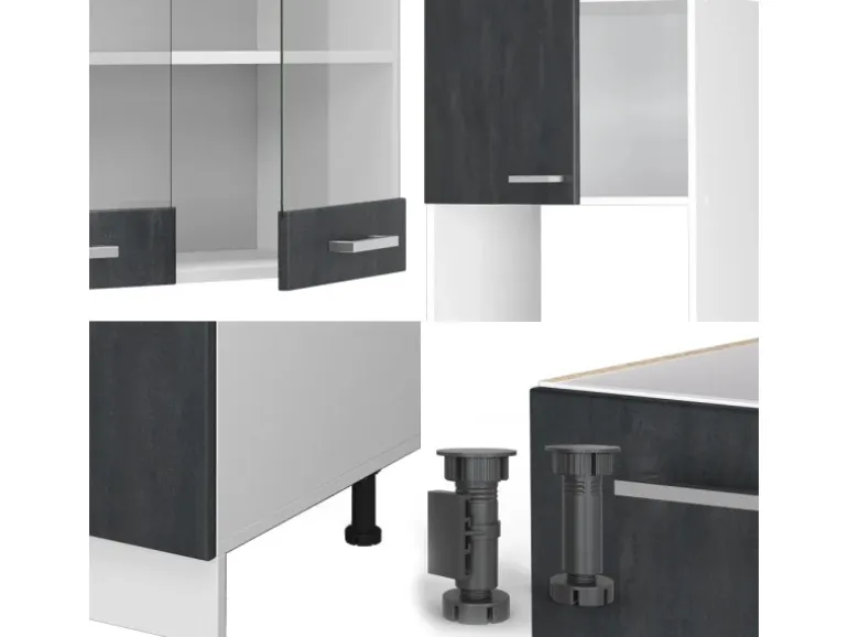 Vicco R-Line Einbauküche in L-Form Schwarz Beton/Weiß 237 x 247 cm AP Eiche ohne E-Geräte