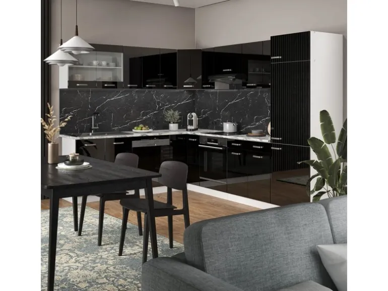 Vicco R-Line Einbauküche Schwarz Hochglanz 227 x 287 cm ohne Arbeitsplatte ohne E-Geräte