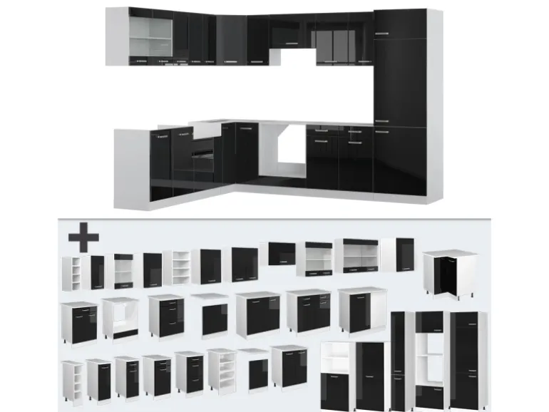 Vicco R-Line Einbauküche Schwarz Hochglanz 227 x 287 cm ohne Arbeitsplatte ohne E-Geräte