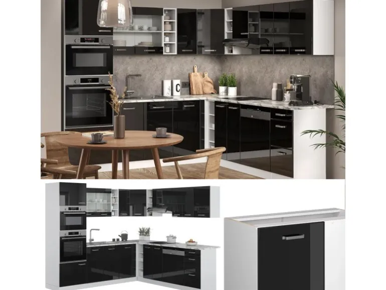 Vicco R-Line Einbauküche Schwarz Hochglanz/Weiß 237 x 60 cm ohne Arbeitsplatte ohne E-Geräte
