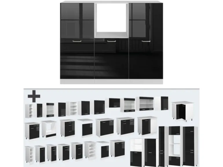 Vicco R-Line Einbauküche Schwarz Hochglanz/Weiß 180 cm ohne Arbeitsplatte ohne E-Geräte