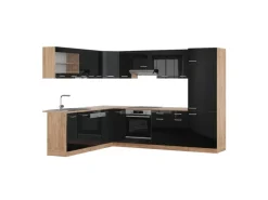 Vicco R-Line Einbauküche Schwarz Hochglanz/Goldkraft Eiche 227 x 287 cm ohne Arbeitsplatte ohne E-Geräte