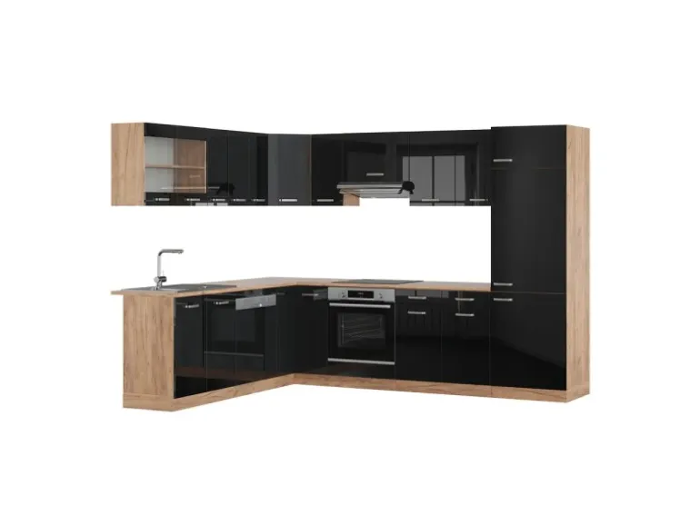 Vicco R-Line Einbauküche Schwarz Hochglanz/Goldkraft Eiche 227 x 287 cm ohne Arbeitsplatte ohne E-Geräte