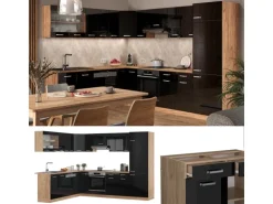 Vicco R-Line Einbauküche Schwarz Hochglanz/Goldkraft Eiche 227 x 287 cm ohne Arbeitsplatte ohne E-Geräte