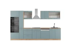 Vicco R-Line Küche Blau-Grau/Goldkraft Eiche 350 cm mit HochschrankAP Eiche ohne E-Geräte
