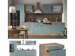Vicco R-Line Küche Blau-Grau/Goldkraft Eiche 350 cm mit HochschrankAP Eiche ohne E-Geräte