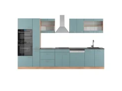Vicco R-Line Küche Blau-Grau/Goldkraft Eiche 350 cm mit HochschrankAP Anthrazit ohne E-Geräte